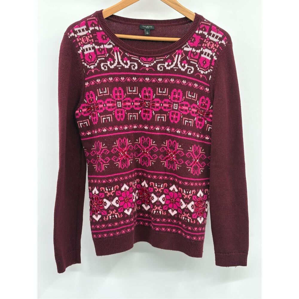Talbots Sweater Women Large Petite Maroon Pink Jewels Party Holiday Crewneck